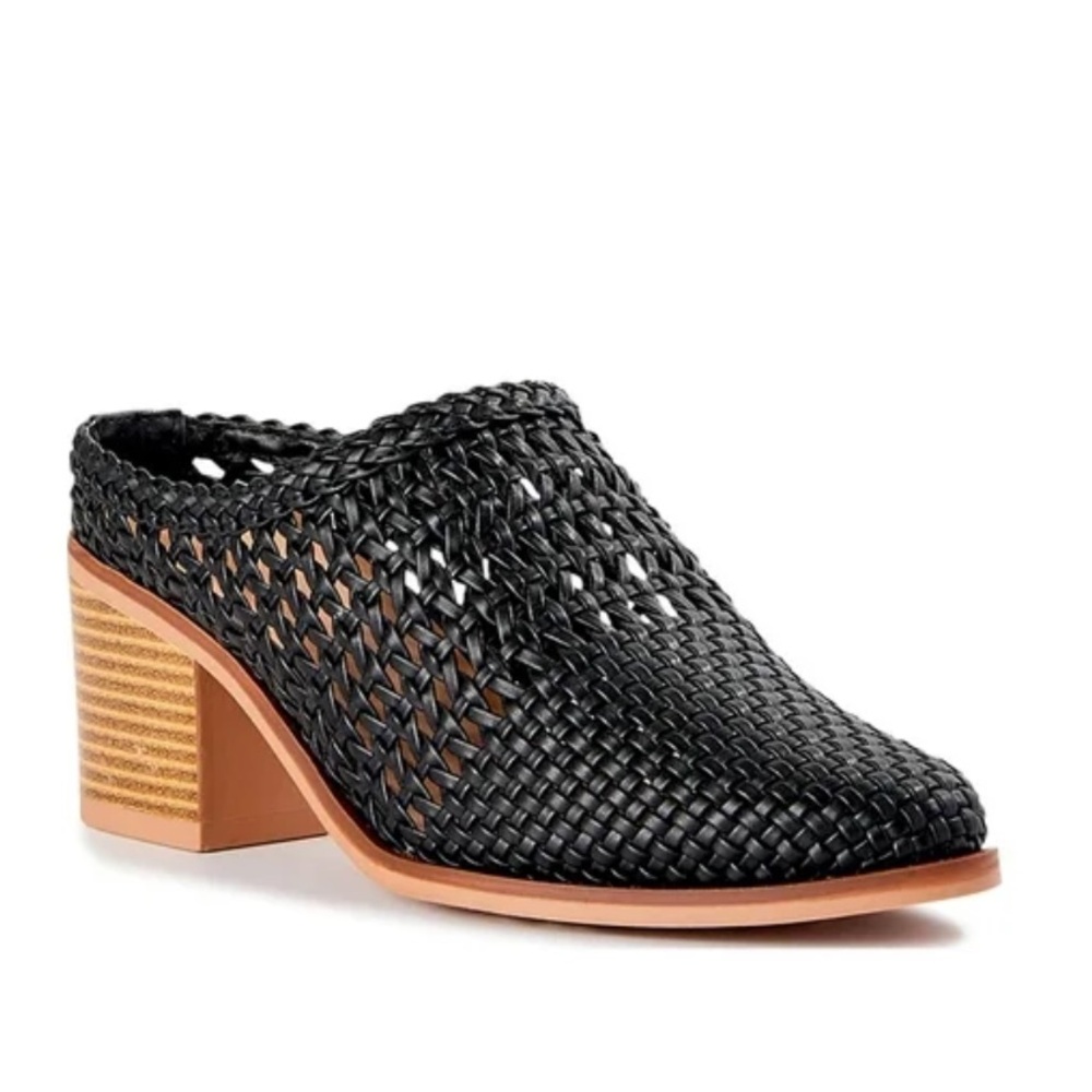 Time and Tru Black Woven Slip-On Mule with Tan Block Heel